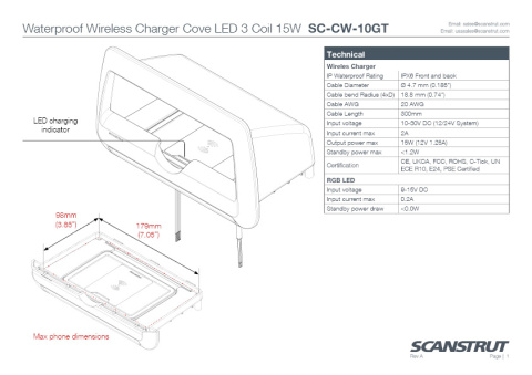 SC-CW-10GT Wodoodporna ładowarka bezprzewodowa Cove LED, 3 cewki, 15W, z kieszenią na telefon, 12/24V