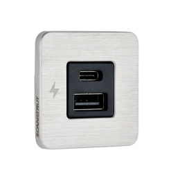 SC-TILE-11 Gniazdo ładowania USB-A i C 12/24V, wewnętrzne, ramka szczotkowana nierdzewna stal, seria TILE