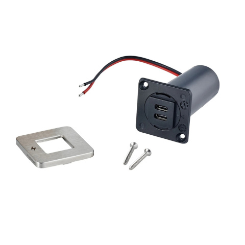 SC-TILE-21 Podwójne gniazdo ładowania wewnętrznego USB-C, seria TILE, 12/24V - ramka szczotkowana nierdzewna stal SC-TILE-21 Podwójne gniazdo ładowania wewnętrznego USB-C, seria TILE, 12/24V - ramka szczotkowana nierdzewna stal