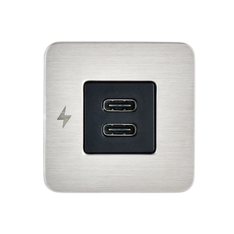 SC-TILE-21 Podwójne gniazdo ładowania wewnętrznego USB-C, seria TILE, 12/24V - ramka szczotkowana nierdzewna stal SC-TILE-21 Podwójne gniazdo ładowania wewnętrznego USB-C, seria TILE, 12/24V - ramka szczotkowana nierdzewna stal